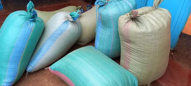 Sacks and containers of food supplies for the Restoration feeding program